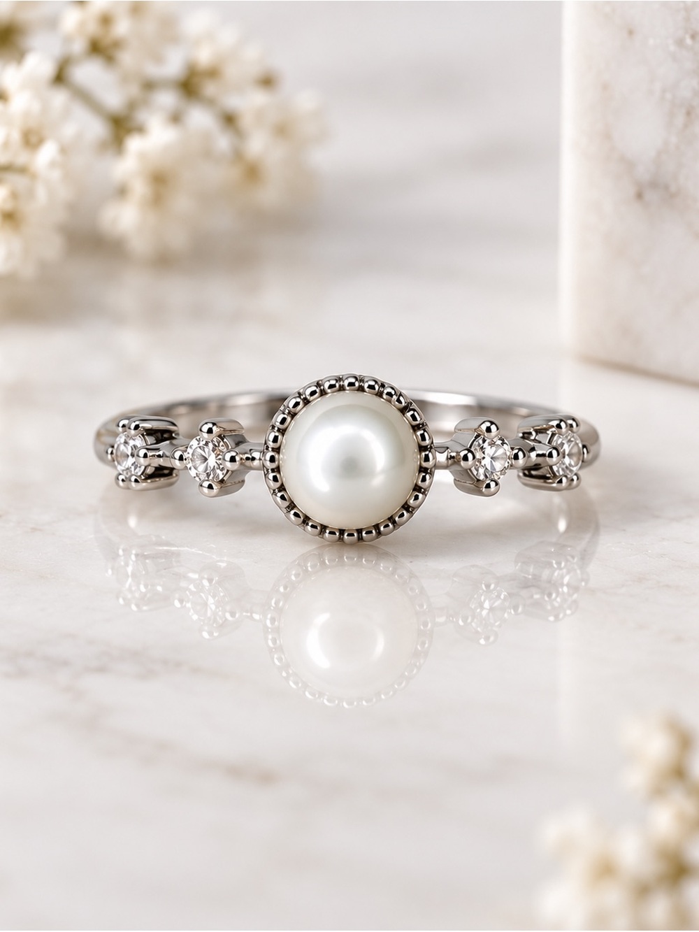 Dainty Silver Pearl & Crystal Ring | Vintage-Inspired Feminine Jewelry